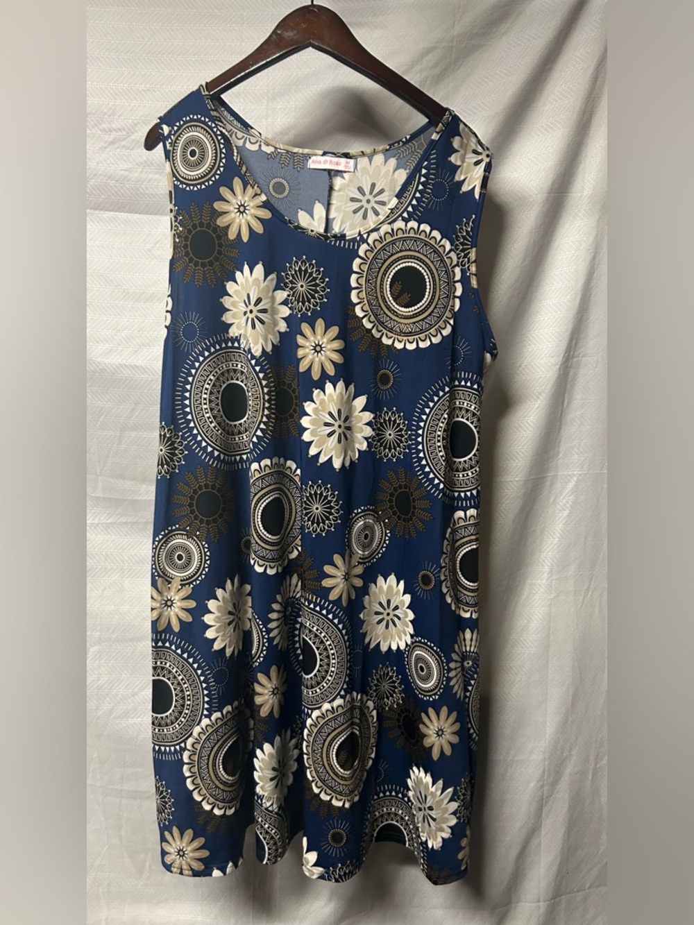 Ana & Rose Navy Sleeveless Shift Dress with Cream & Black Medallion Print